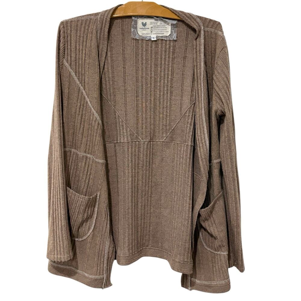 Farmhouse Frocks | Cardigan Sweater Brown Open Front Amish Sewn Pockets- Large